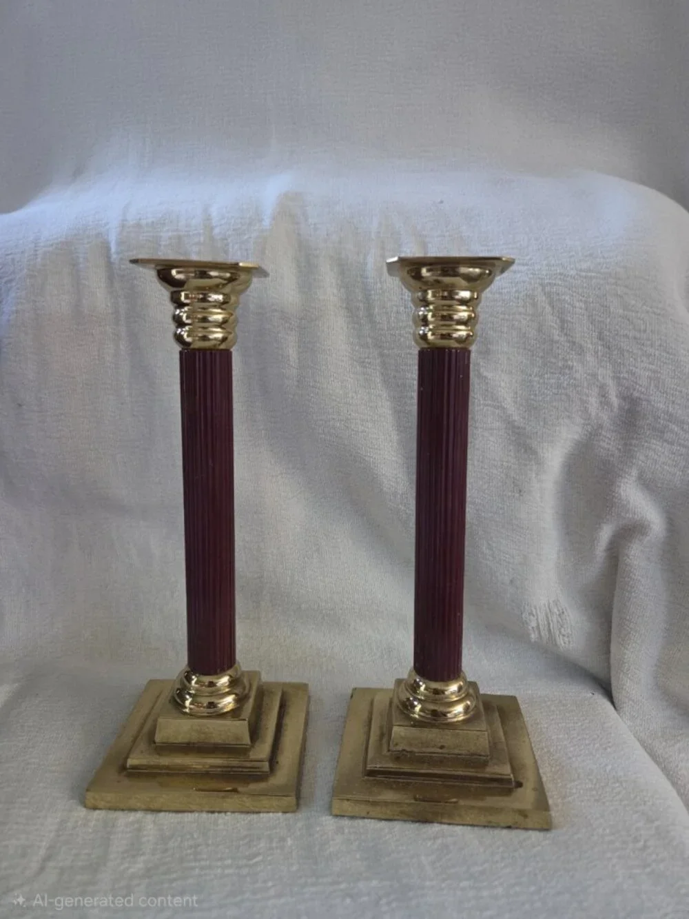 Vintage Brass Burgundy Column Candlestick Holders Pair Neoclassical Regency 7.5